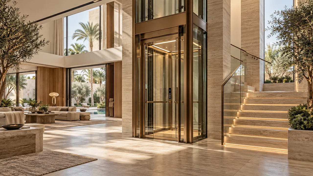 Bronze and glass home elevator in a Dubai villa