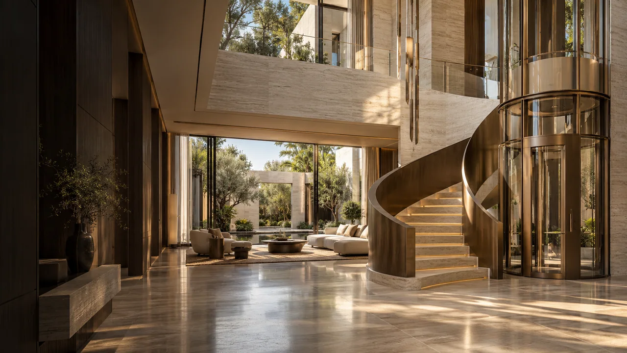 Concept of a contemporary villa atrium with a bronze glass lift and curved staircase
